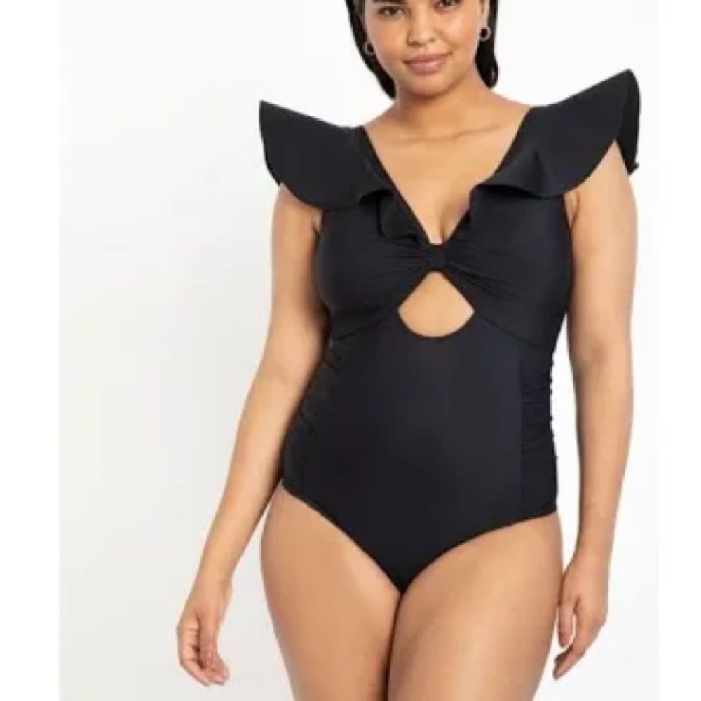 NWT Eloquii one piece black ruffled swimsuit with tie back. Size 22